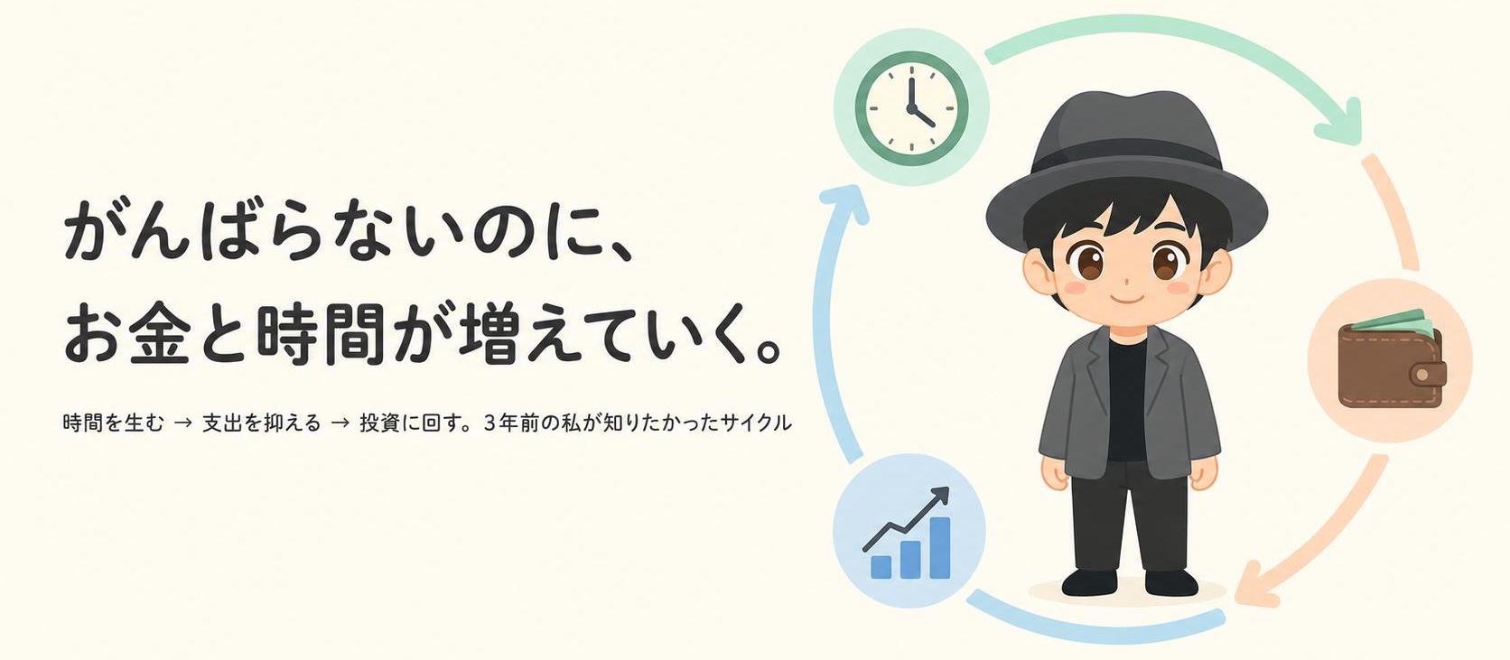がんばらないのに、お金と時間が増えていく。時間を生む・支出を抑える・投資に回すサイクル。倹約家ヘマのブログコンセプト